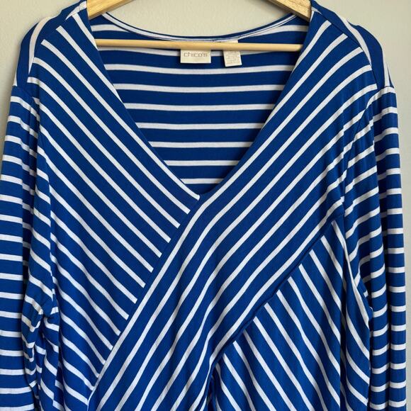 Chico's Tunic Top Size 3 XL US Size 16 Royal Blue White Striped V-Neck - Picture 3 of 15